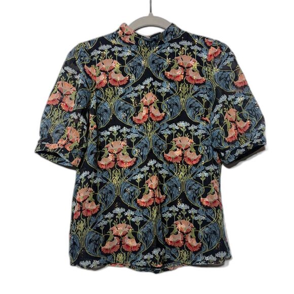 Meadow Rue Tops - Anthropologie Meadow Rue Basilique Top Floral Metallic Mock Neck Blouse Size 0